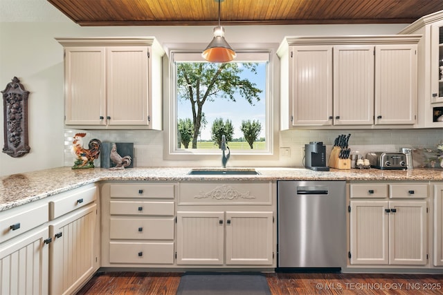 72878 S 230th Rd, Wagoner, OK 74467 - kitchen with stainless steel dishwasher, wood ceiling, backsplash, pendant lighting, and light stone countertops