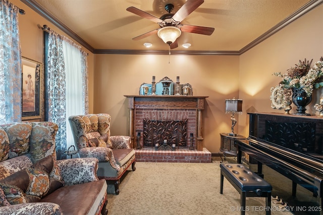 72878 S 230th Rd, Wagoner, OK 74467 - living room featuring ornamental molding, a brick fireplace, a ceiling fan, and carpet