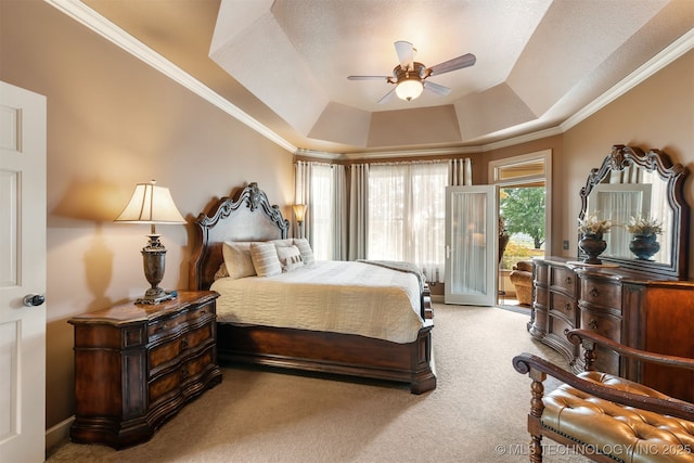 72878 S 230th Rd, Wagoner, OK 74467 - bedroom featuring a raised ceiling, access to outside, light colored carpet, ornamental molding, and a ceiling fan
