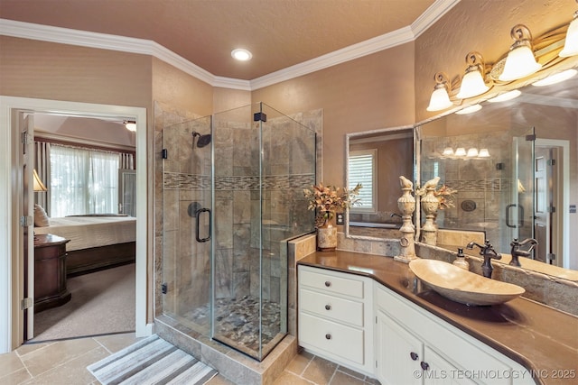 72878 S 230th Rd, Wagoner, OK 74467 - bathroom with ornamental molding, vanity, healthy amount of natural light, a shower stall, and recessed lighting