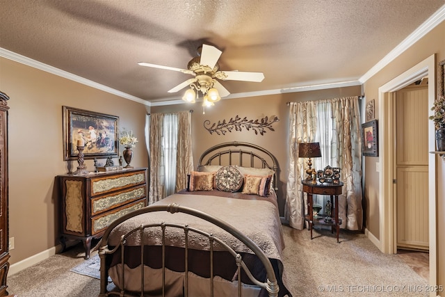 72878 S 230th Rd, Wagoner, OK 74467 - bedroom with light colored carpet, a textured ceiling, crown molding, and a ceiling fan