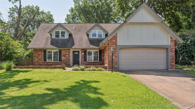 2974 E 77th Pl, Tulsa, OK 74136 - view of front of property featuring brick siding, driveway, an attached garage, a front yard, and a shingled roof