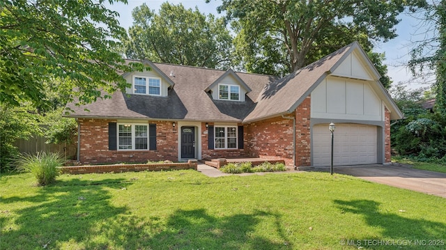2974 E 77th Pl, Tulsa, OK 74136 - cape cod home with asphalt driveway, brick siding, a front yard, and board and batten siding