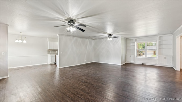 2974 E 77th Pl, Tulsa, OK 74136 - unfurnished living room featuring a chandelier, dark wood-style flooring, a ceiling fan, and built in features
