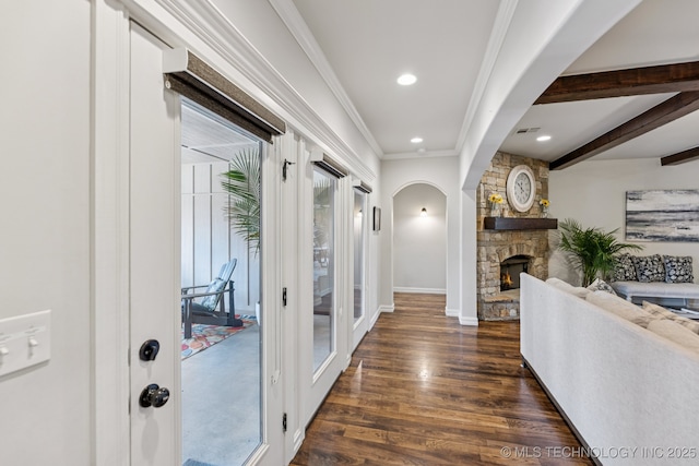 1956 E 172nd St S, Mounds, OK 74047 - hall with arched walkways, dark wood-style flooring, crown molding, recessed lighting, and beam ceiling