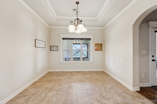 1956 E 172nd St S, Mounds, OK 74047 - unfurnished dining area featuring a tray ceiling, arched walkways, a chandelier, and ornamental molding