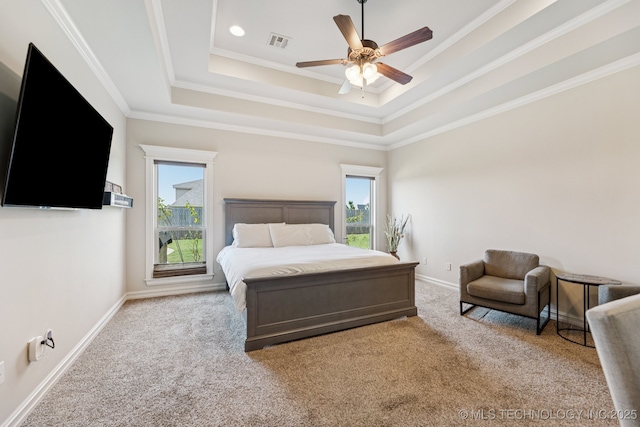 1956 E 172nd St S, Mounds, OK 74047 - carpeted bedroom with a tray ceiling, crown molding, and ceiling fan