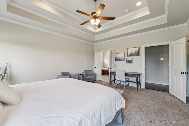 1956 E 172nd St S, Mounds, OK 74047 - carpeted bedroom with a tray ceiling, crown molding, and ceiling fan