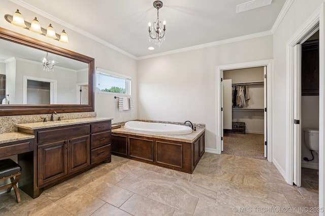 1956 E 172nd St S, Mounds, OK 74047 - full bathroom with a chandelier, vanity, a garden tub, crown molding, and a spacious closet