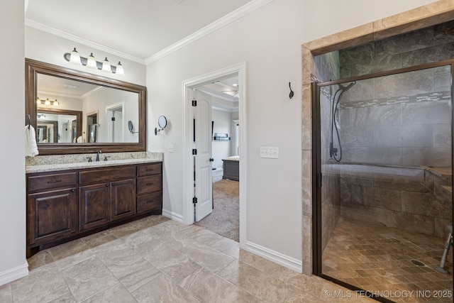 1956 E 172nd St S, Mounds, OK 74047 - full bathroom featuring ornamental molding, tiled shower, and vanity