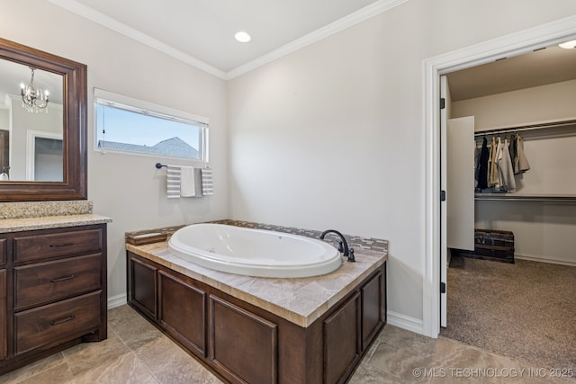 1956 E 172nd St S, Mounds, OK 74047 - full bathroom featuring vanity, a garden tub, ornamental molding, a chandelier, and a spacious closet