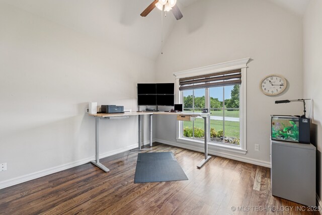 1956 E 172nd St S, Mounds, OK 74047 - unfurnished office with ceiling fan, wood finished floors, and high vaulted ceiling