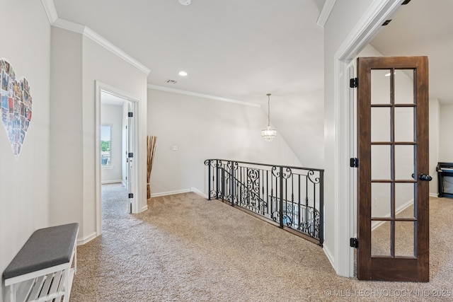 1956 E 172nd St S, Mounds, OK 74047 - hall featuring carpet flooring, an upstairs landing, crown molding, and recessed lighting