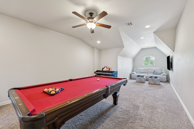 1956 E 172nd St S, Mounds, OK 74047 - rec room featuring carpet flooring, lofted ceiling, pool table, ceiling fan, and recessed lighting