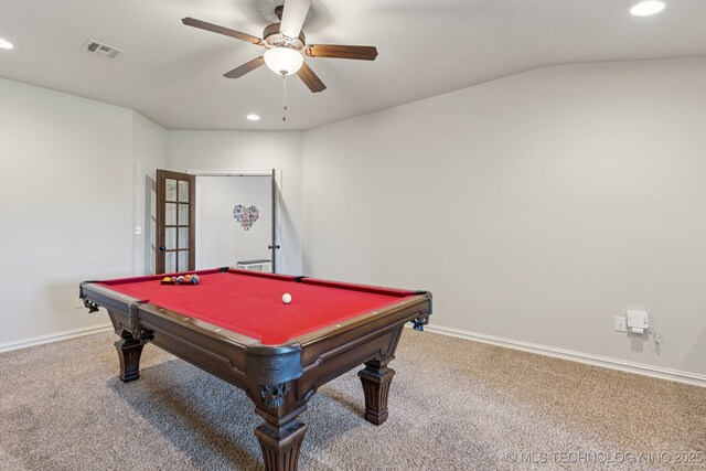 1956 E 172nd St S, Mounds, OK 74047 - recreation room featuring carpet, recessed lighting, a ceiling fan, billiards, and vaulted ceiling