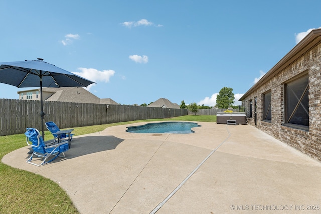 1956 E 172nd St S, Mounds, OK 74047 - view of swimming pool with a hot tub, a fenced backyard, and a patio area