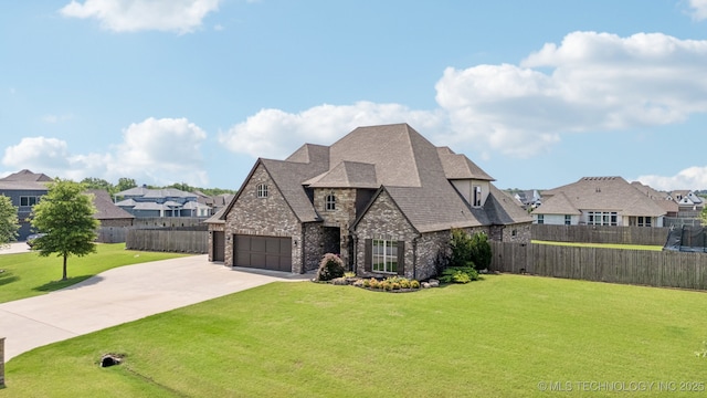 1956 E 172nd St S, Mounds, OK 74047 - french country home with stone siding, driveway, a residential view, and a shingled roof