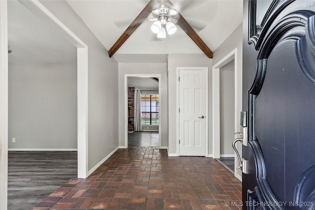 13050 S 143rd Ave E, Broken Arrow, OK 74011 - entryway with brick floors, beamed ceiling, and ceiling fan