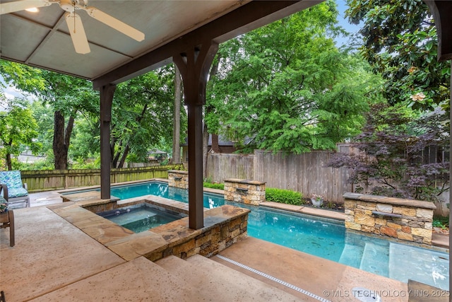 9034 S Maplewood Ave, Tulsa, OK 74137 - view of swimming pool featuring a ceiling fan, a fenced backyard, a patio area, and a pool with connected hot tub