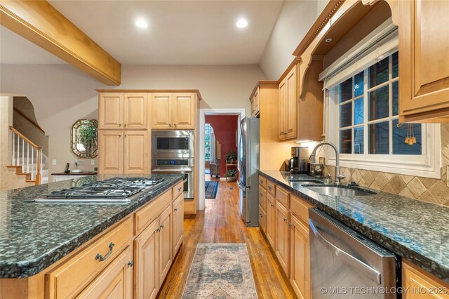 9034 S Maplewood Ave, Tulsa, OK 74137 - kitchen with appliances with stainless steel finishes, light wood-type flooring, light brown cabinets, decorative backsplash, and recessed lighting