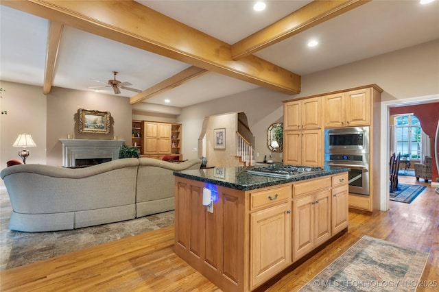 9034 S Maplewood Ave, Tulsa, OK 74137 - kitchen with stainless steel appliances, light wood-style flooring, beam ceiling, a ceiling fan, and recessed lighting