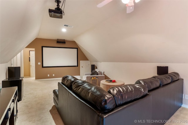 9034 S Maplewood Ave, Tulsa, OK 74137 - cinema featuring light colored carpet, vaulted ceiling, and ceiling fan