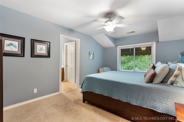 9034 S Maplewood Ave, Tulsa, OK 74137 - bedroom with light carpet, ceiling fan, and vaulted ceiling