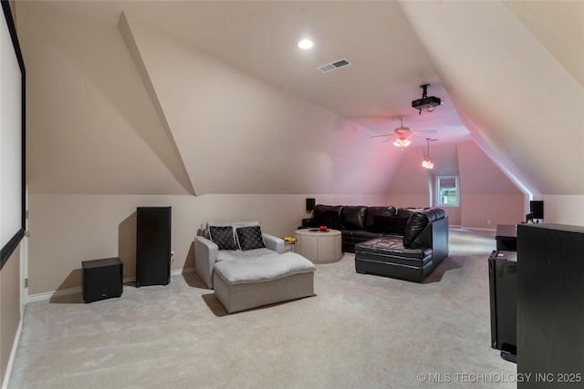 9034 S Maplewood Ave, Tulsa, OK 74137 - cinema room featuring lofted ceiling, carpet floors, and ceiling fan