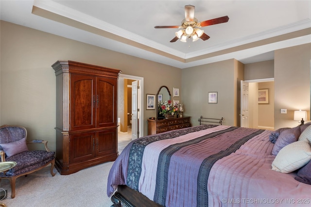 9034 S Maplewood Ave, Tulsa, OK 74137 - bedroom featuring light carpet, a raised ceiling, crown molding, ceiling fan, and ensuite bath