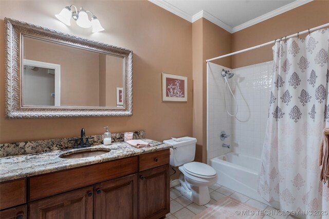 9034 S Maplewood Ave, Tulsa, OK 74137 - bathroom with vanity, shower / bath combo, ornamental molding, and tile patterned floors