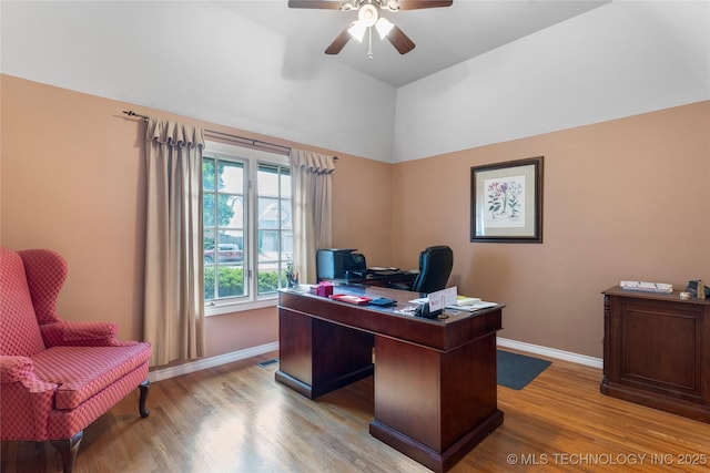 9034 S Maplewood Ave, Tulsa, OK 74137 - office area featuring high vaulted ceiling, ceiling fan, and light wood-style floors