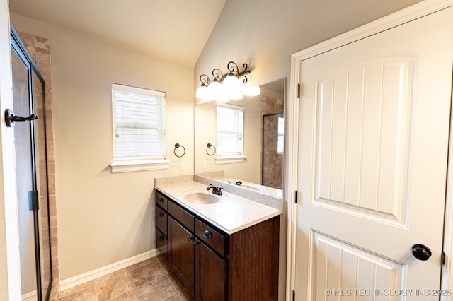 18312 E 46th St, Tulsa, OK 74134 - full bathroom featuring vanity, vaulted ceiling, and a shower