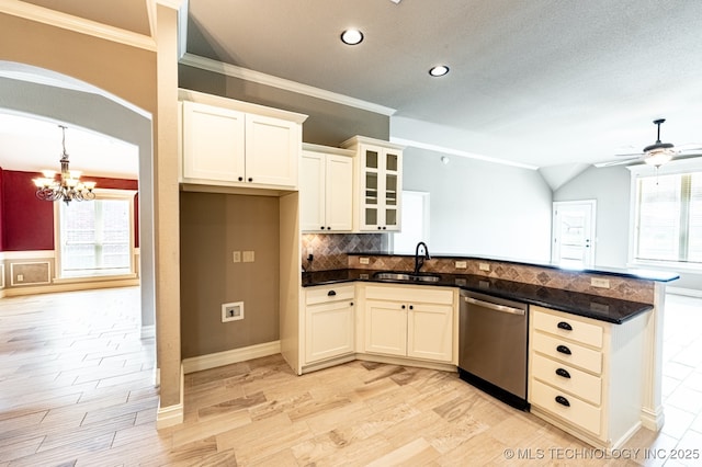 18312 E 46th St, Tulsa, OK 74134 - kitchen featuring stainless steel dishwasher, recessed lighting, a chandelier, light wood-style floors, and a peninsula