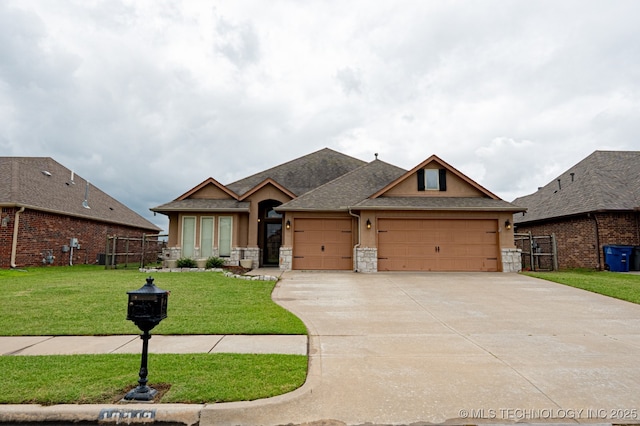 18312 E 46th St, Tulsa, OK 74134 - craftsman house featuring an attached garage, stucco siding, driveway, stone siding, and a shingled roof