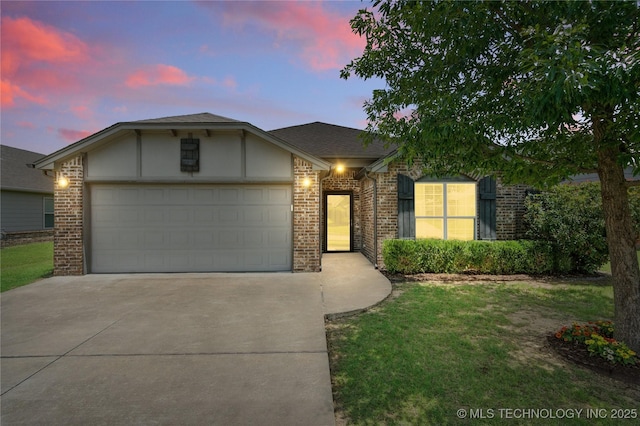 10387 S Nathan St, Jenks, OK 74037 - ranch-style home with driveway, an attached garage, brick siding, a shingled roof, and a lawn