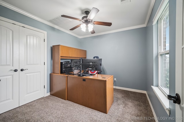 1620 E Boston Ct, Broken Arrow, OK 74012 - office space featuring carpet floors, ornamental molding, and a ceiling fan