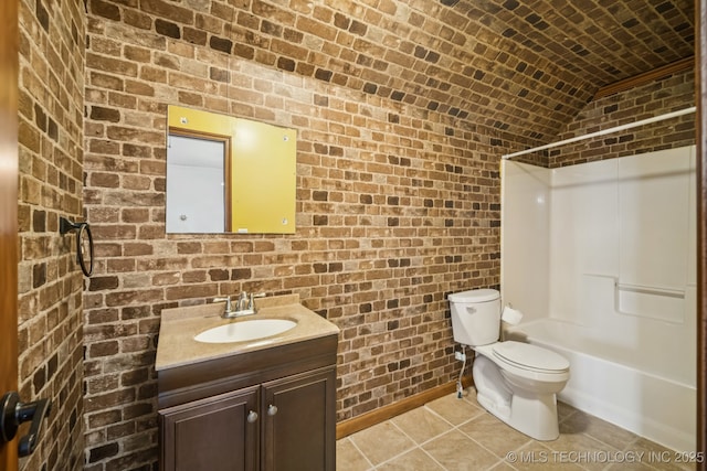 1620 E Boston Ct, Broken Arrow, OK 74012 - bathroom with brick wall, vanity, tile patterned floors, shower / washtub combination, and lofted ceiling