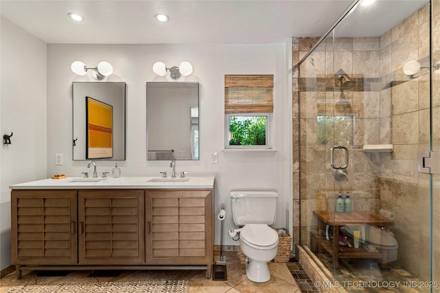 2962 E 56th Ct, Tulsa, OK 74105 - full bath with double vanity, a stall shower, tile patterned flooring, and recessed lighting