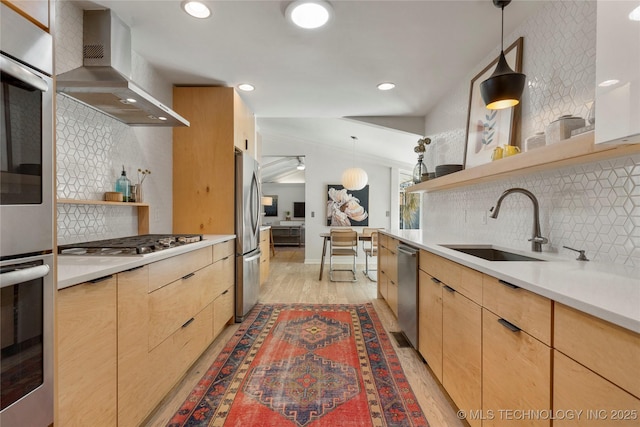 2962 E 56th Ct, Tulsa, OK 74105 - kitchen with ventilation hood, open shelves, tasteful backsplash, stainless steel appliances, and recessed lighting