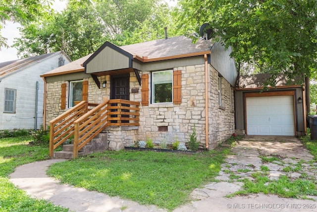 812 N Delaware Pl, Tulsa, OK 74110 - view of front of house featuring stone siding, driveway, a shingled roof, and a front lawn