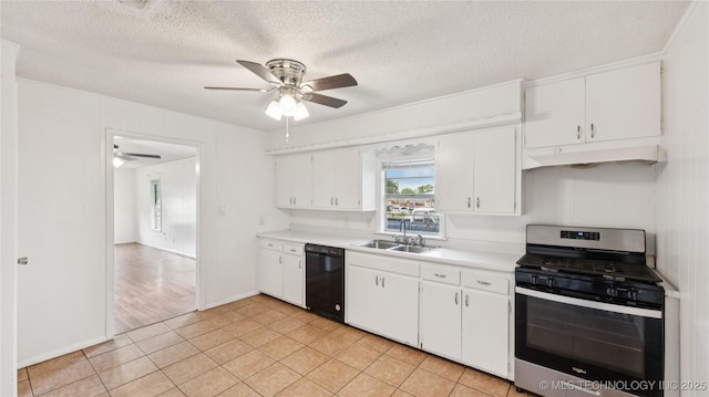 702 E Elgin Pl, Broken Arrow, OK 74012 - kitchen with stainless steel range with gas stovetop, dishwasher, a ceiling fan, under cabinet range hood, and light countertops