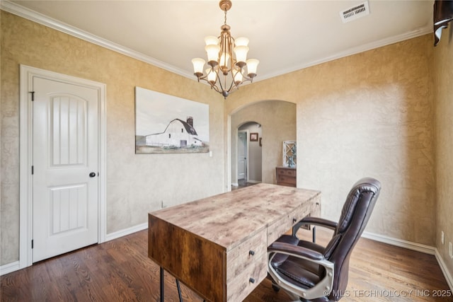 18820 S Kiowa Rd, Claremore, OK 74017 - office area with arched walkways, dark wood-style flooring, a chandelier, and ornamental molding