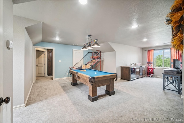 18820 S Kiowa Rd, Claremore, OK 74017 - rec room with light colored carpet, pool table, recessed lighting, bar area, and beverage cooler