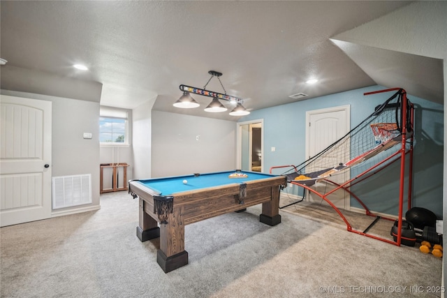 18820 S Kiowa Rd, Claremore, OK 74017 - rec room featuring carpet flooring, recessed lighting, billiards, and a textured ceiling