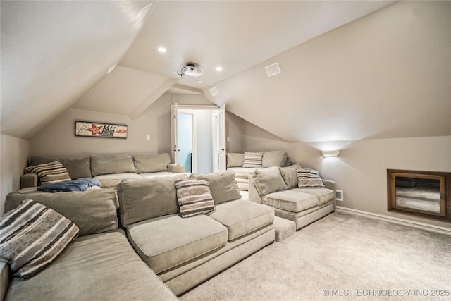 18820 S Kiowa Rd, Claremore, OK 74017 - carpeted home theater featuring vaulted ceiling and recessed lighting