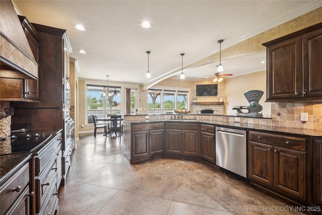 18820 S Kiowa Rd, Claremore, OK 74017 - kitchen featuring stainless steel appliances, custom range hood, dark brown cabinetry, tasteful backsplash, and crown molding