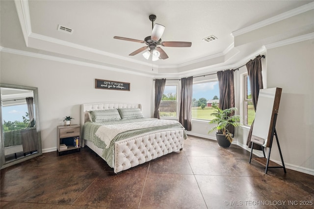 18820 S Kiowa Rd, Claremore, OK 74017 - bedroom with a raised ceiling, ornamental molding, and a ceiling fan