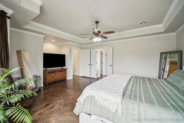18820 S Kiowa Rd, Claremore, OK 74017 - bedroom featuring a tray ceiling, crown molding, finished concrete flooring, and a ceiling fan