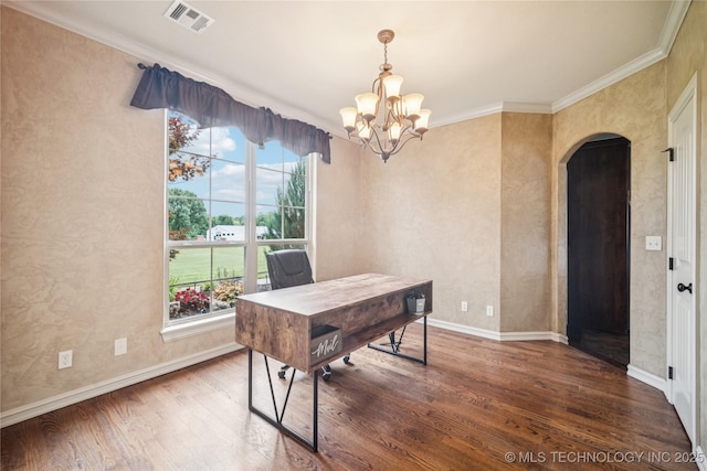 18820 S Kiowa Rd, Claremore, OK 74017 - office area with arched walkways, wood finished floors, a chandelier, and crown molding