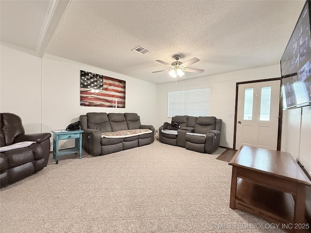 1604 N 2nd Ave, Warner, OK 74469 - carpeted living area with a ceiling fan and a textured ceiling